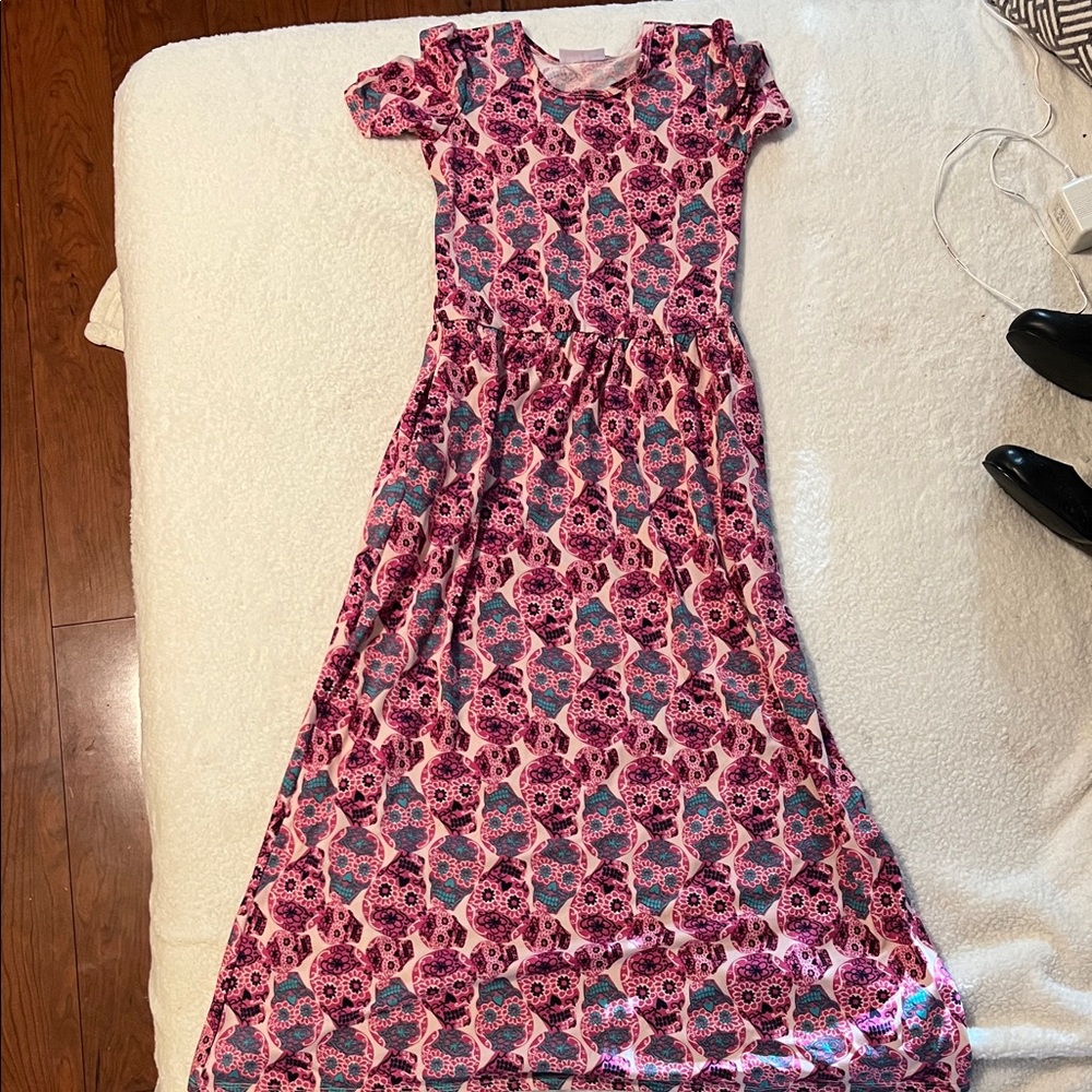 Dot Dot Smile Sugar Skull Maxi Pink and Blue Floral Dress with pockets